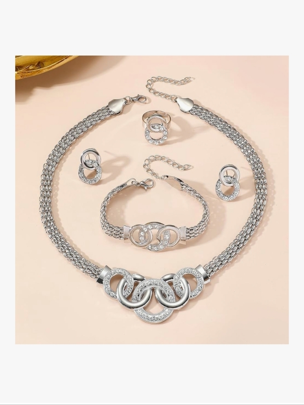Silver Rhinestone Interlocking Circle Jewelry Set - Women